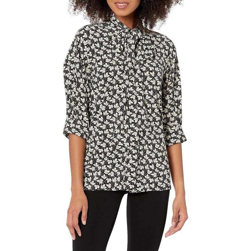 NWT Norma Kamali Puff Sleeve Blouse W/ Scarf Sz M Black Ivory Leaves Stretch NEW